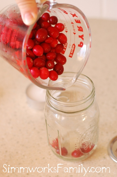 Homemade Cranberry Tealight Candles  pour in cranberries