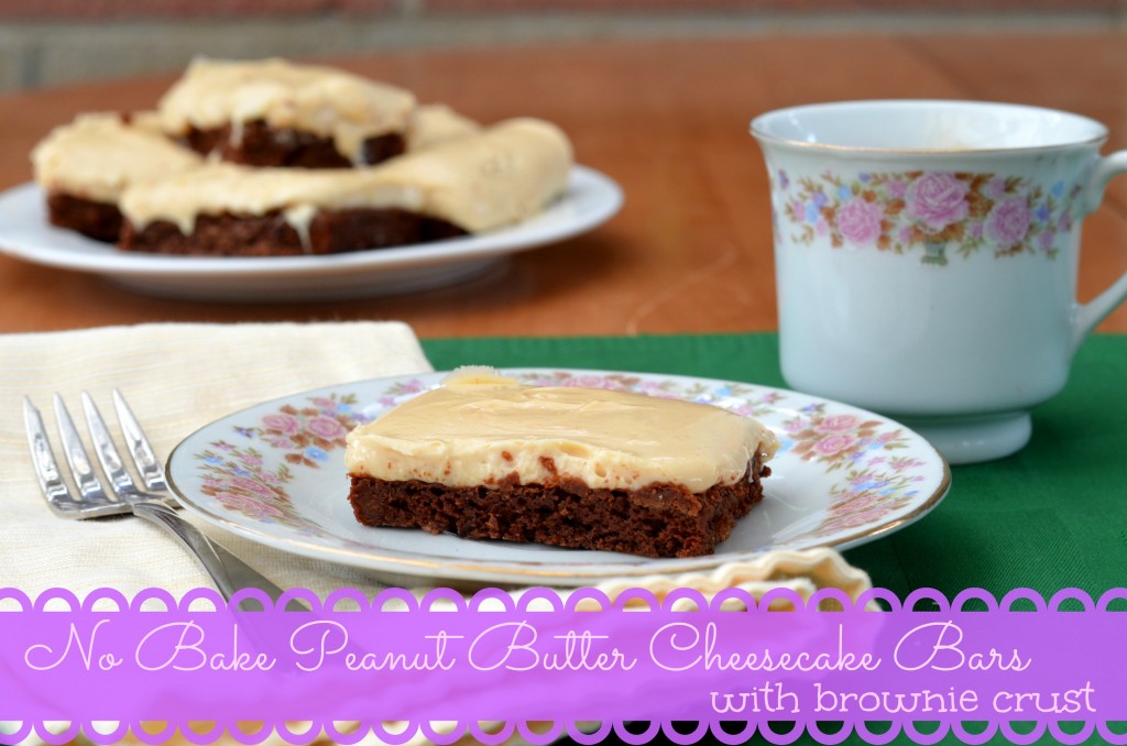 No bake peanut butter cheesecake bars with brownie crust