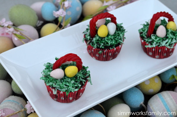 Easter Egg Cupcake Baskets on plate