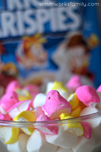 Peeps Rice Krispie Treats cut up peeps