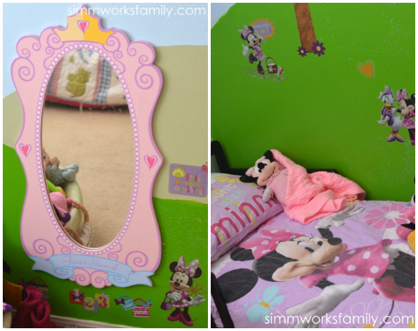 Glidden Disney Paint Minnie Mouse Makeover - princess mirror and bedding