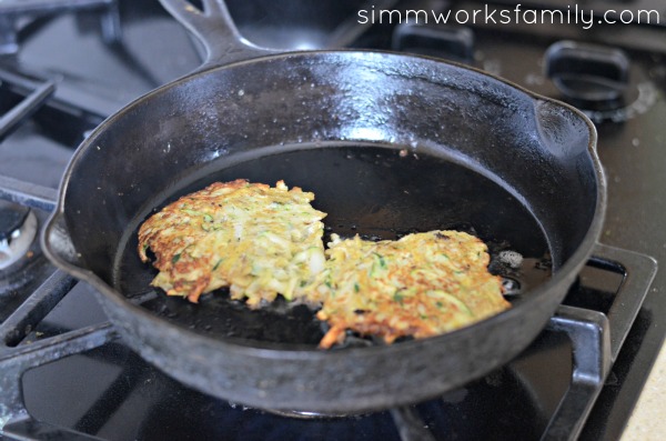 Sweet Potato Zucchini Latkes in pan