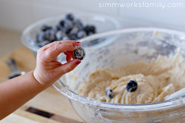 Blueberry Coffee Cake adding blueberries to mix