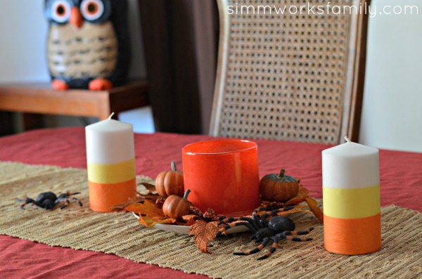 DIY Candy Corn Candles Halloween Centerpiece Idea