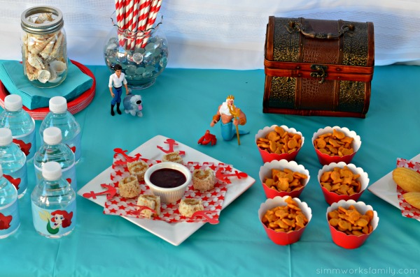 The Little Mermaid Party Ideas food spread and water bottles #shop