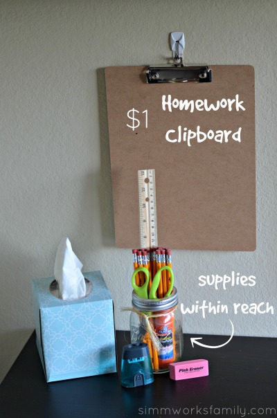 How to Create a DIY Homework Station for Less - supplies within reach with homework clipboard