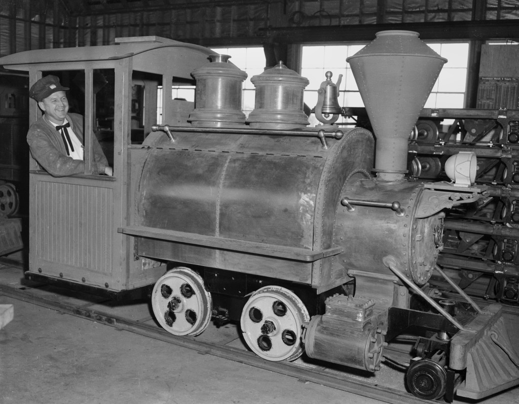 Knotts Berry Farm Calico Mine Ride - Bud Hurlbut in engine, ca 1960