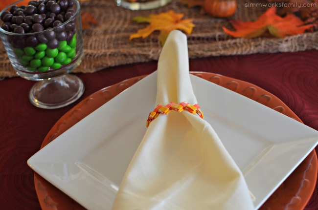 Candy Corn Inspired Tablescape + a Starburst Wrapper Napkin Ring Tutorial plates and napkin