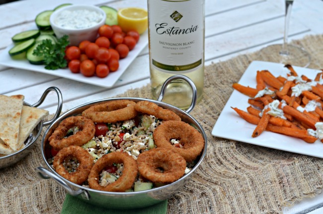 Quinoa Tabbouleh with Onion Rings and sweet potato fries