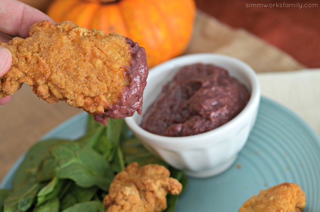 Crispy Chicken Tenders dipped in Cranberry Mustard Sauce