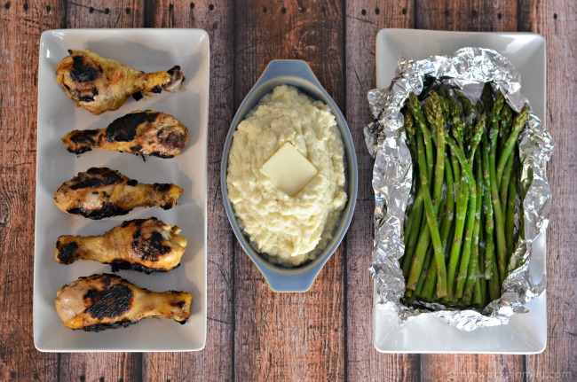 Keto Friendly Grilling Meals Hatch Green Chile Chicken Drumsticks, Mashed Cauliflower, Asparagus