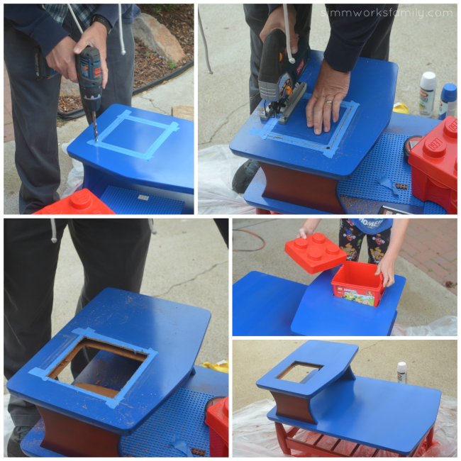 DIY Lego Side Table - cut out hole for box