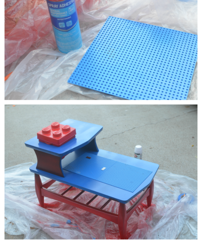 DIY Lego Side Table - use spray adhesive to secure square lego pad